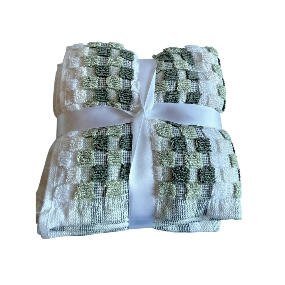 Tarhari 8 Piece Towel Set Tiles Squares Green White 2 Bath 2 Hand 4 Washcloths